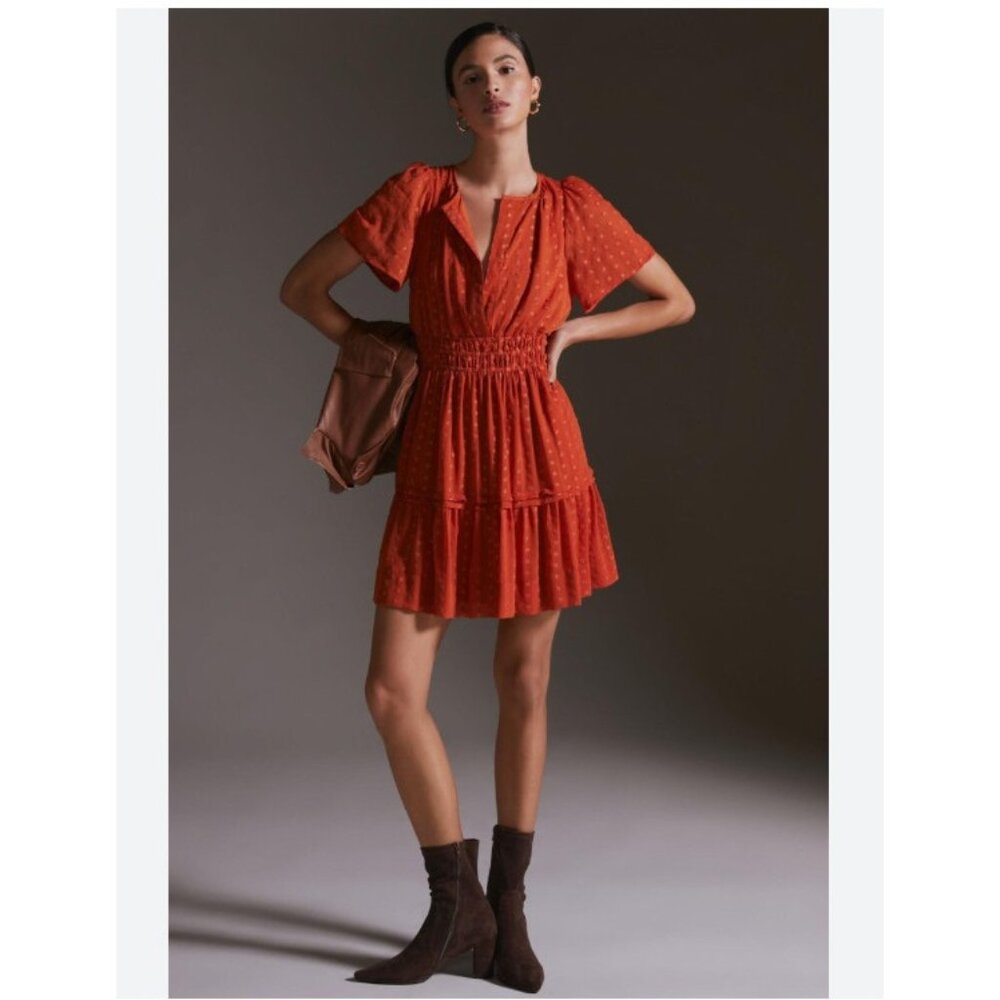 Anthropologie Somerset Dress Womens Small Orange Polka Dot Puff Sleeve Smocked